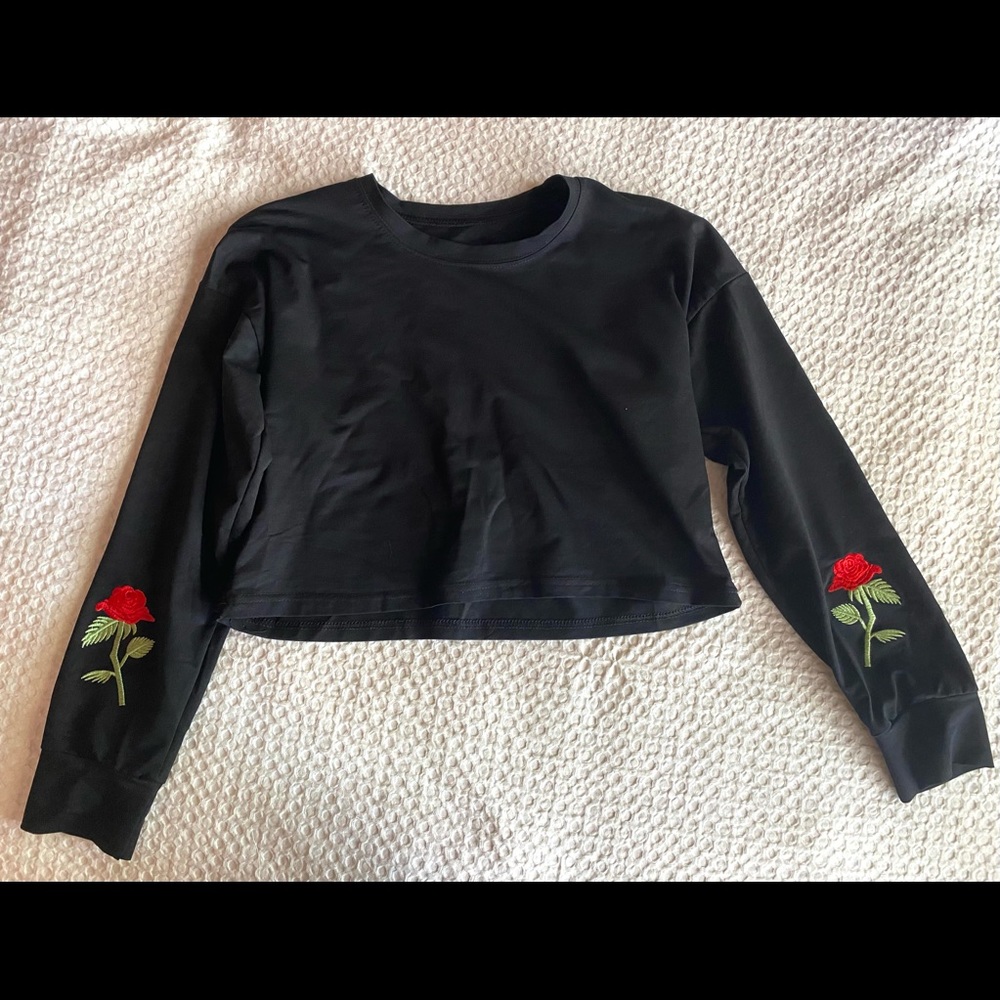 Black Shein Rose Embroidered Black Crop Sweater